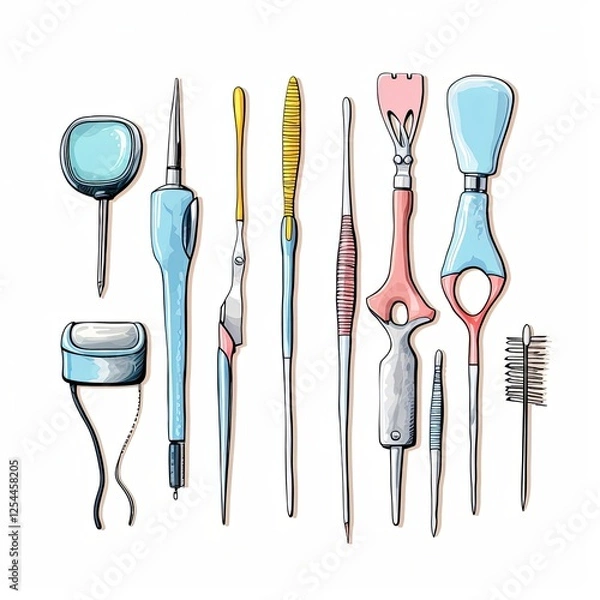 Obraz The image shows a variety of beauty and hygiene tools, including a magnifying glass, tweezers, scissors, a nail file, and a makeup brush. The tools are arranged in a row on a white background.