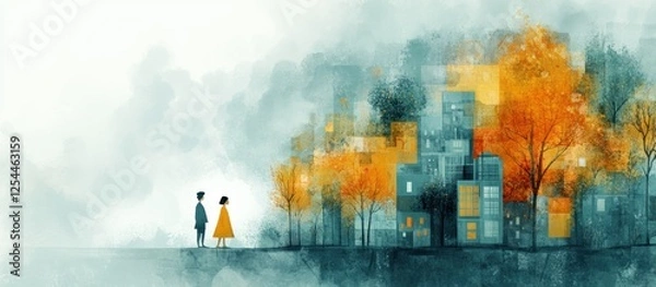 Fototapeta Couple Autumn Cityscape Watercolor Painting