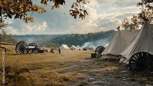 Fototapeta Civil War Reenactment Camp with Cannons and Tents on a Grassy Field under Cloudy Sky