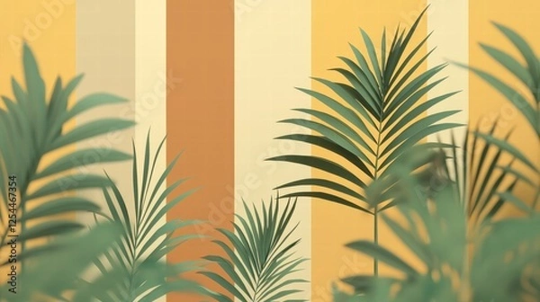 Fototapeta Tropical Palm Leaves with Warm Striped Background - Perfect for Decorative and Nature-Inspired Projects in Modern Design and Home Decor