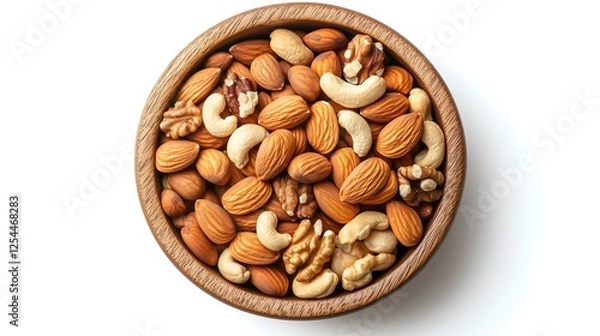 Fototapeta Wooden bowl roasted mixed nuts top view white background, almonds, walnuts, hazelnuts, cashew nuts assorted