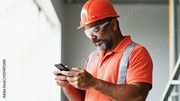 Fototapeta Construction Worker Using Mobile Phone In Modern Construction Site