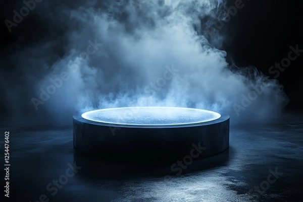 Fototapeta Photorealistic AI-generated image of a sleek, minimalistic product podium covered in liquid nitrogen, with dramatic back lighting on a dark background. Perfect for tech and marketing visuals
