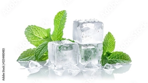 Fototapeta Closeup detail of ice cubes stack with green mint leaves on white background. AI generated image