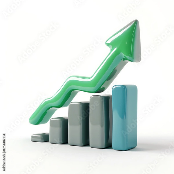 Fototapeta 3D rendering of a green upward-trending arrow over a bar graph, isolated on white. Represents growth, success, progress, and positive financial trends. Suitable for business, finance.