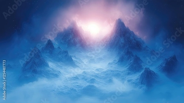 Obraz Majestic mountain landscape with ethereal clouds and a radiant sunrise illuminating the scene