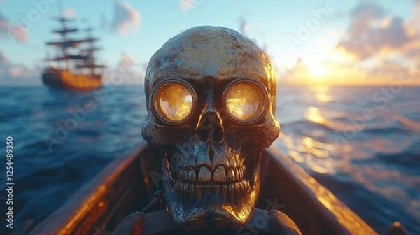 Obraz A golden skull with glowing eyes in a boat at sunset, with a pirate ship in the background