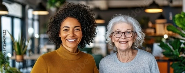 Fototapeta A warm, friendly image of two women smiling together in a cozy, plant-filled cafe setting, showcasing a generational bond.