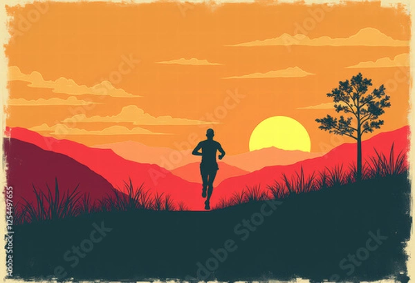 Obraz Runner Silhouette at Sunset with Tree and Hills
