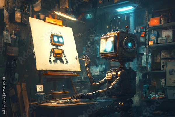 Fototapeta AI Robot Artist Working on a Self-Portrait in a Dimly Lit, Industrial Basement
