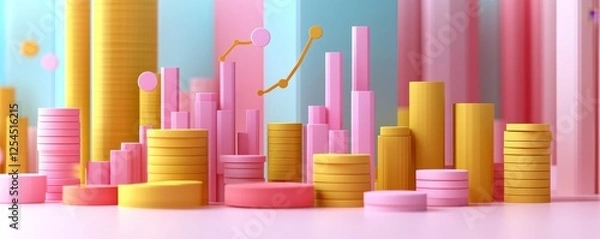 Fototapeta A vibrant, abstract representation of financial growth with colorful coins and bars, symbolizing investment and economic progress.