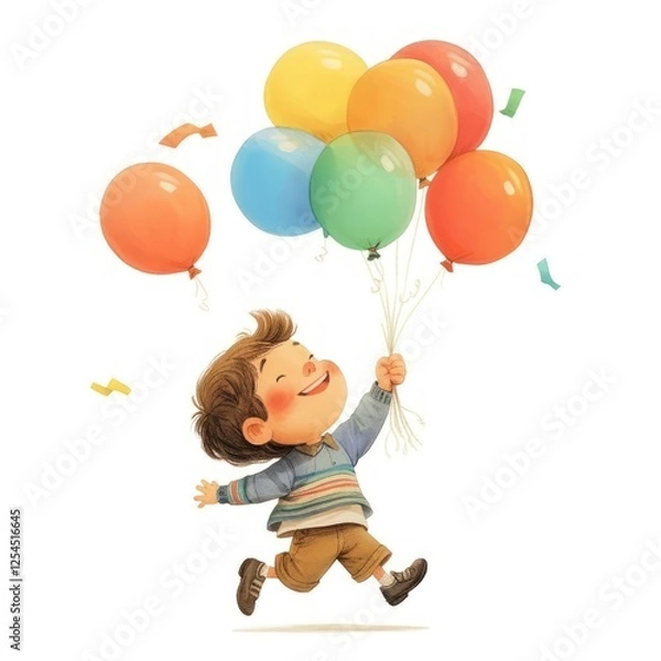 Fototapeta Happy kid holding balloons illustration child childhood.