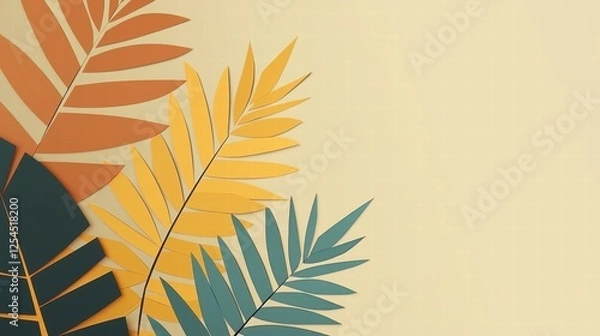 Fototapeta Vibrant Paper Leaves in Shades of Orange, Yellow, and Teal for Seasonal Projects and Nature-Themed Designs on a Soft Background