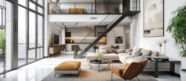 Fototapeta Rendering 3D Interior design modern scandinavian loft apartment luxury view. AI generated image