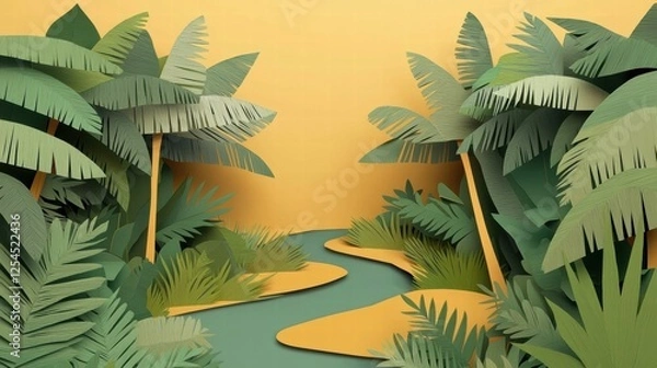 Fototapeta Vibrant Paper-Cut Jungle Scene with Winding River and Lush Greenery Against a Warm Yellow Background for Nature and Adventure Inspired Themes