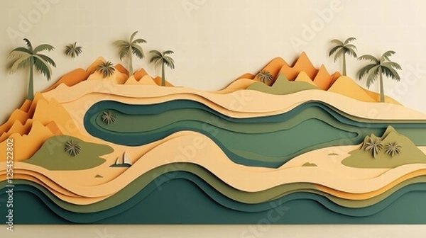 Fototapeta Vibrant Paper-Cut Landscape Illustration of Mountains, Palm Trees, and Wavy River Perfect for Travel and Nature-Themed Projects