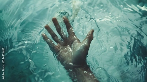 Fototapeta Dramatic view of human hand drowning in river water need help. AI generated image