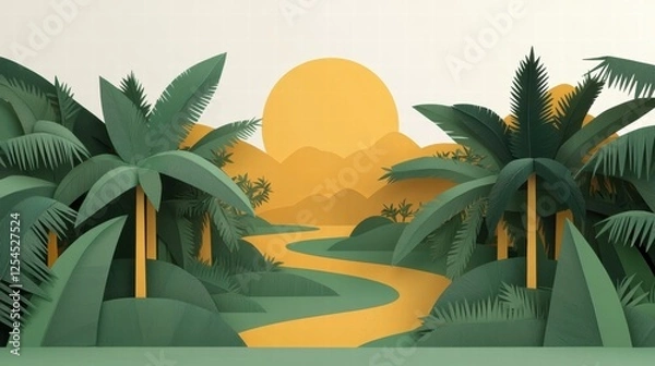 Fototapeta Vibrant Stylistic Landscape with Palm Trees and Sunset: Perfect for Nature-Themed Projects and Illustrations, Depicting Serenity and Tropical Beauty.