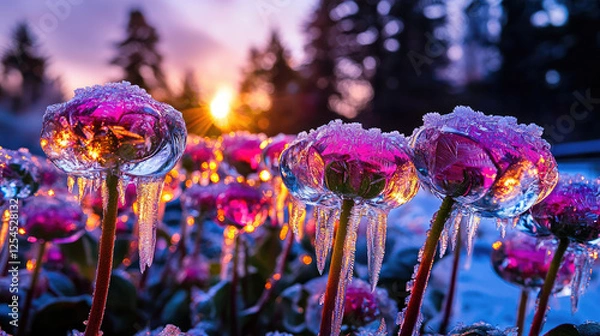 Fototapeta Frozen flowers glistening at sunrise with icicles, surrounded by a snowy landscape and trees