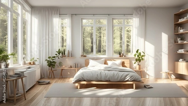 Obraz A serene bedroom with natural light, plants, and a calming atmosphere.