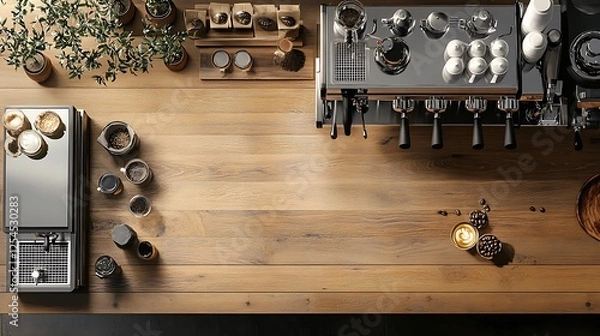 Fototapeta Overhead View of a Coffee Shop Espresso Machine and Barista Station