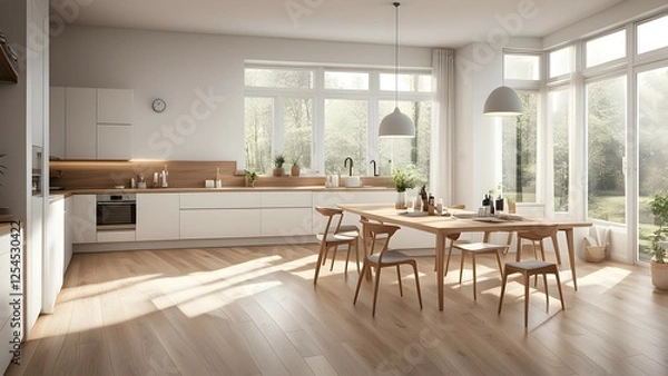 Obraz Modern kitchen with wooden accents and large windows, creating a bright, inviting atmosphere.