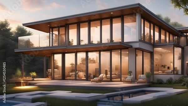 Obraz Modern house with large windows and outdoor space, showcasing contemporary architecture.