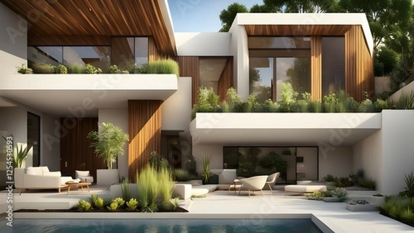 Obraz Modern architectural design featuring a stylish outdoor space with greenery and a pool.
