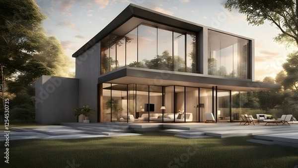 Obraz Modern house with large glass windows surrounded by greenery and a patio area.