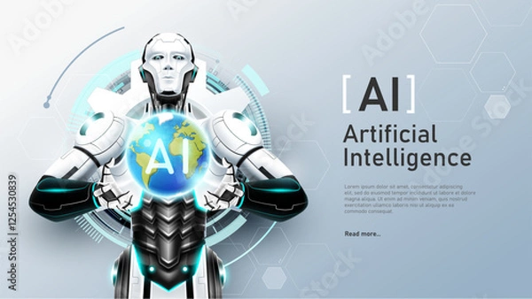 Fototapeta AI Artificial intelligence humanoid holding planet Earth on hand, Artificial Intelligence world technology disruption concept, vector illustration
