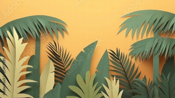 Fototapeta Vibrant Tropical Background Featuring Paper Cut Leaves and Palm Fronds in Shades of Green Against a Warm Orange Backdrop Perfect for Creative Projects