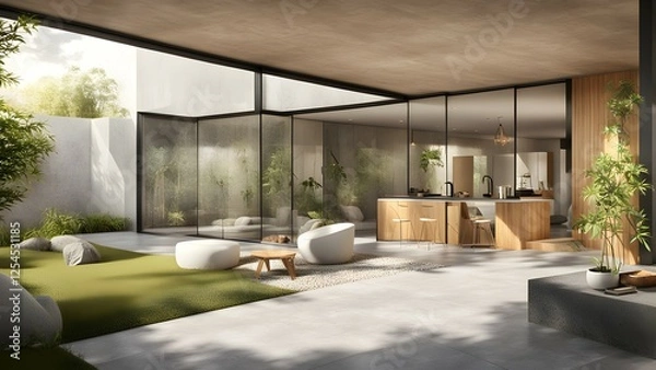 Obraz Modern open-concept living space with greenery and natural light.