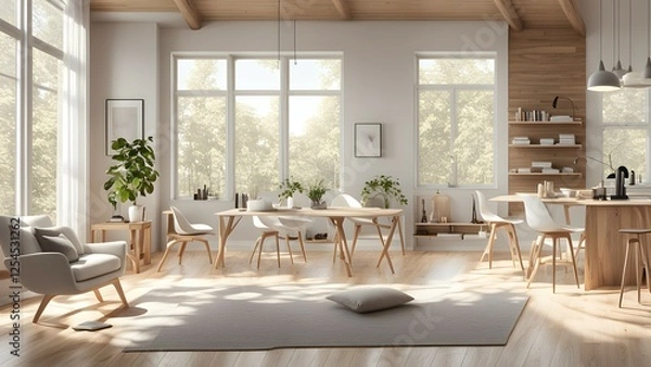 Obraz A modern, sunlit living space with a dining area, plants, and cozy furniture.