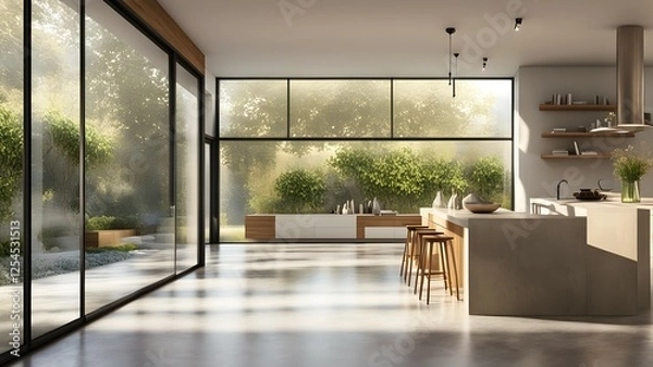 Obraz Modern kitchen with large windows overlooking a lush garden, creating a bright, airy space.