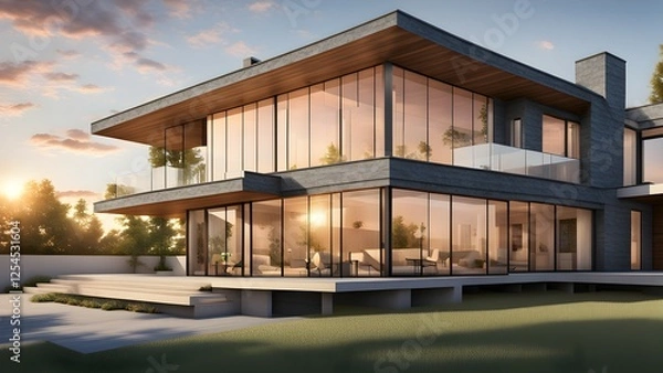 Obraz Modern glass house with a sleek design, surrounded by greenery at sunset.