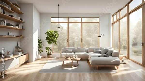 Obraz Modern living room with large windows, cozy seating, and indoor plants.