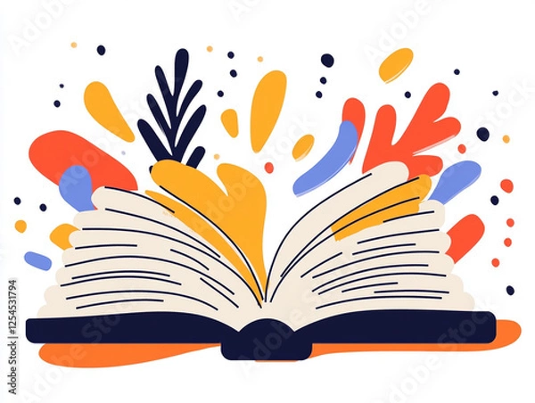 Fototapeta An artistic illustration of an open book with colorful splashes representing creativity and knowledge.