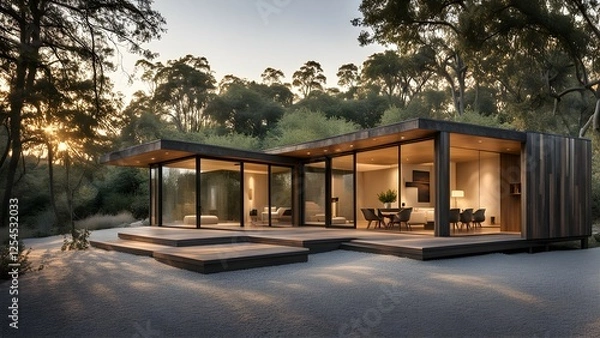 Obraz Modern house in a serene natural setting with large glass windows and wooden elements.