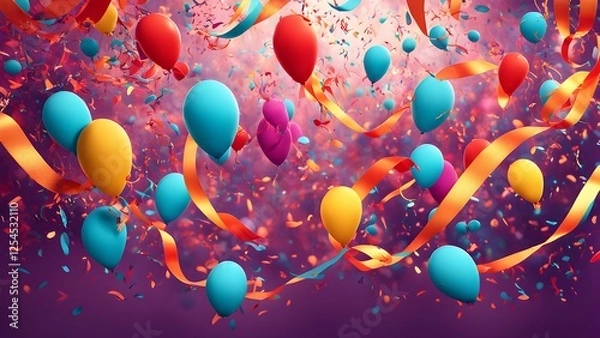 Obraz Colorful balloons and ribbons amidst confetti, creating a festive atmosphere.