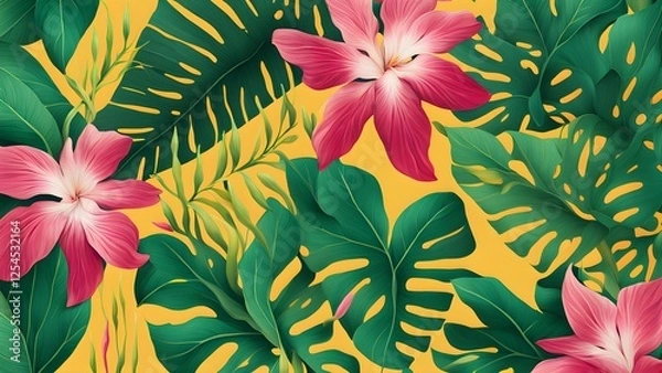 Obraz A vibrant tropical pattern featuring pink flowers and lush green leaves on a yellow background.