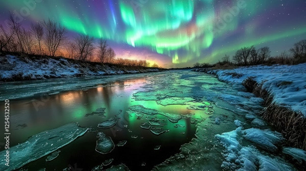 Fototapeta Stunning aurora borealis illuminates a tranquil river landscape at twilight, reflecting vibrant colors