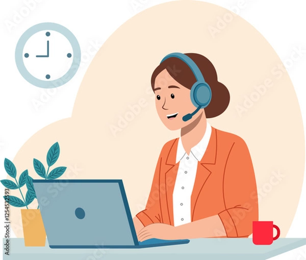 Obraz Illustration of a female customer service representative working at a desk. She is typing on a laptop.