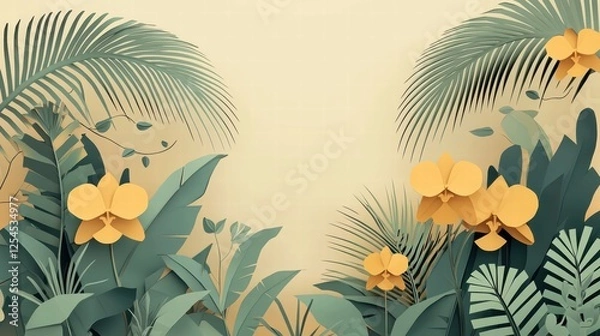 Fototapeta Vibrant Tropical Foliage with Yellow Orchids on Soft Beige Background – Perfect for Nature Projects and Artistic Designs