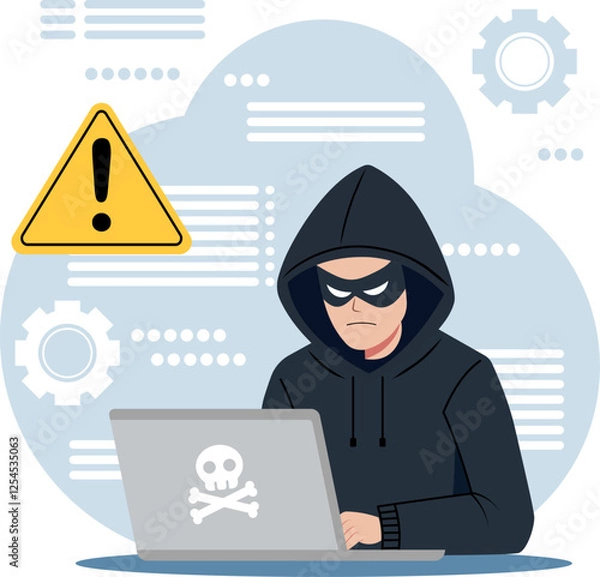 Obraz Illustration of a hacker in a black hoodie sitting in front of a laptop. Technology or cyber security theme.