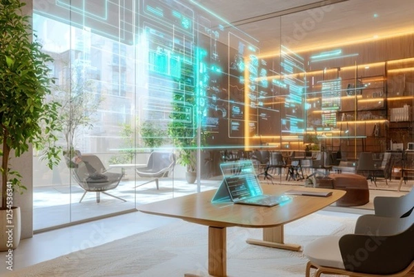Obraz Relaxing coworking hub with holographic displays for AI-crafted design workflows.