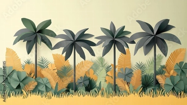 Fototapeta Vibrant Tropical Illustration with Palm Trees and Lush Foliage - Perfect for Nature Backgrounds and Creative Design Projects