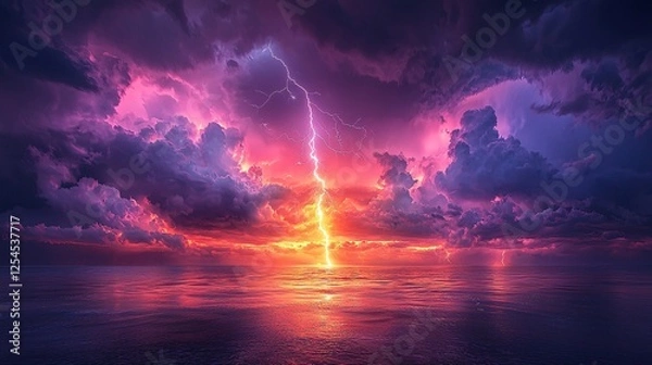 Fototapeta Dramatic Sunset with Lightning Above Calm Ocean Waves and Clouds