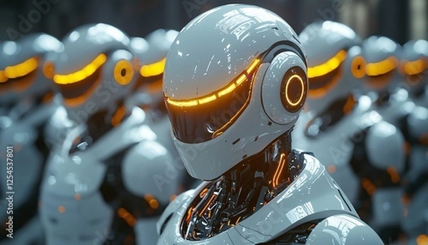 Fototapeta Futuristic Robots in Formation with Glowing Details and Sleek Design