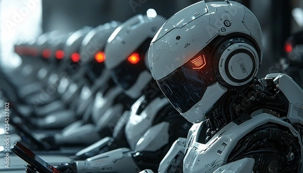 Fototapeta Futuristic Robots with Glowing Eyes in High-Tech Environment