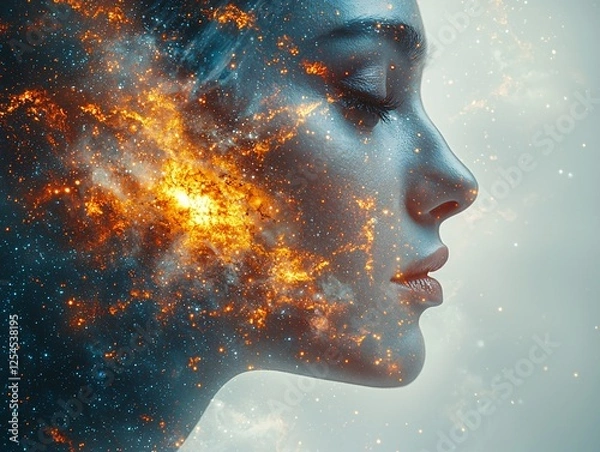 Fototapeta Ethereal Profile of Woman Merging with Cosmic Nebula and Stars